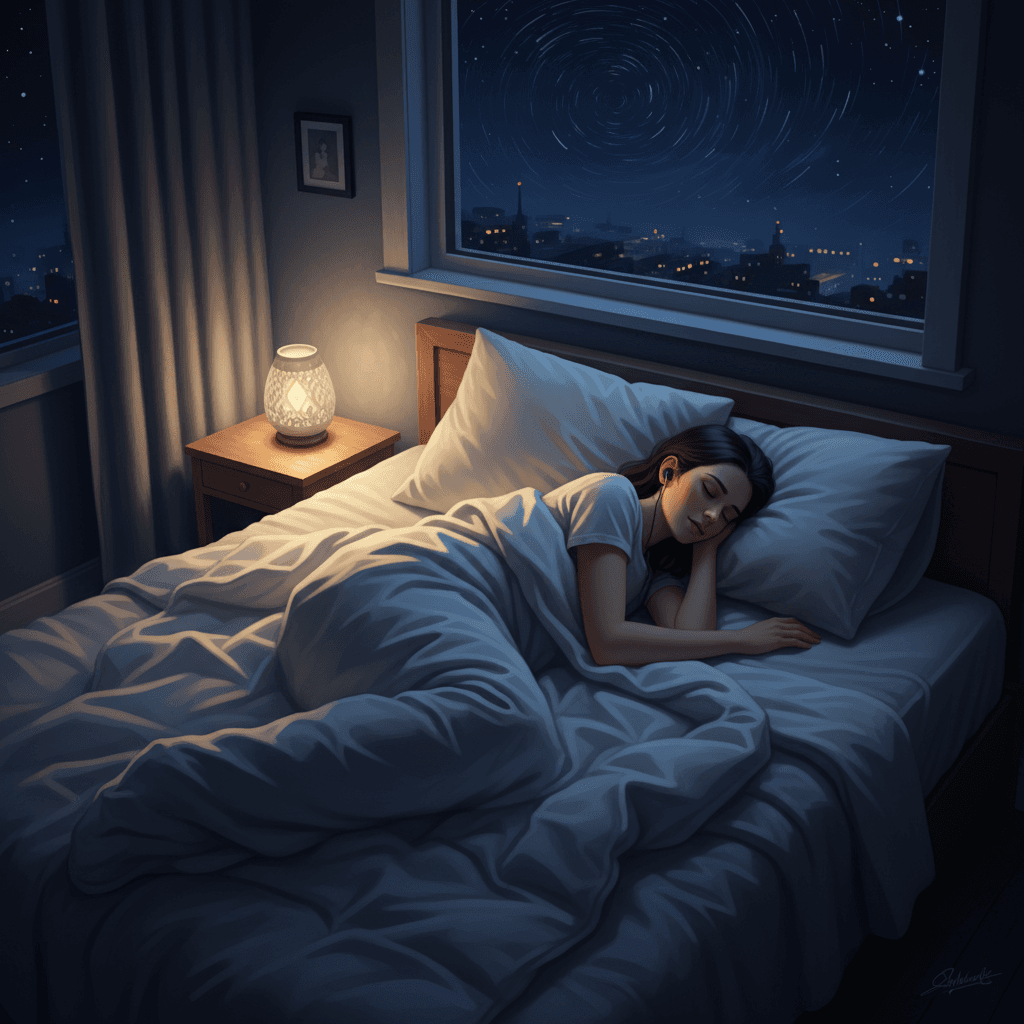 Person peacefully listening to sleep story in bed