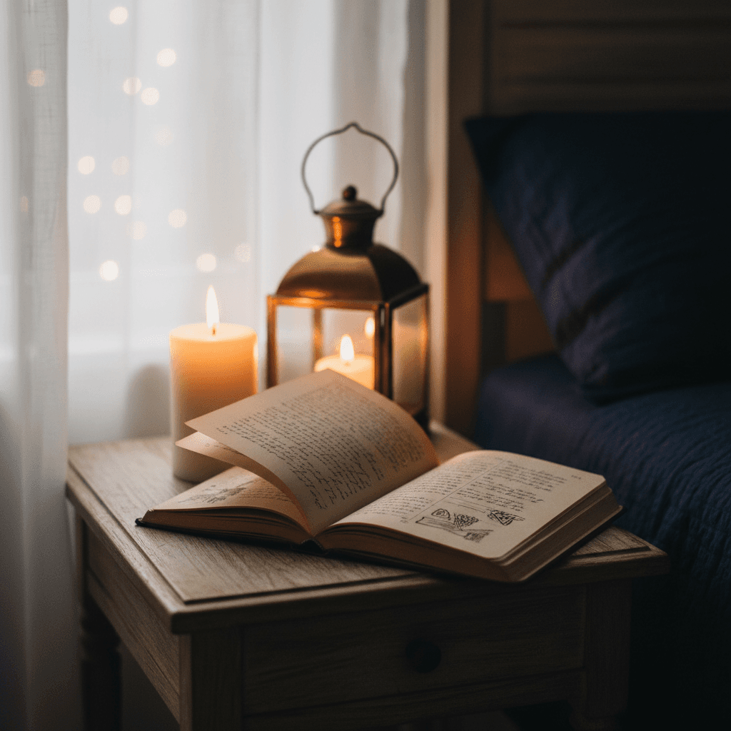 Open journal by candlelight on nightstand