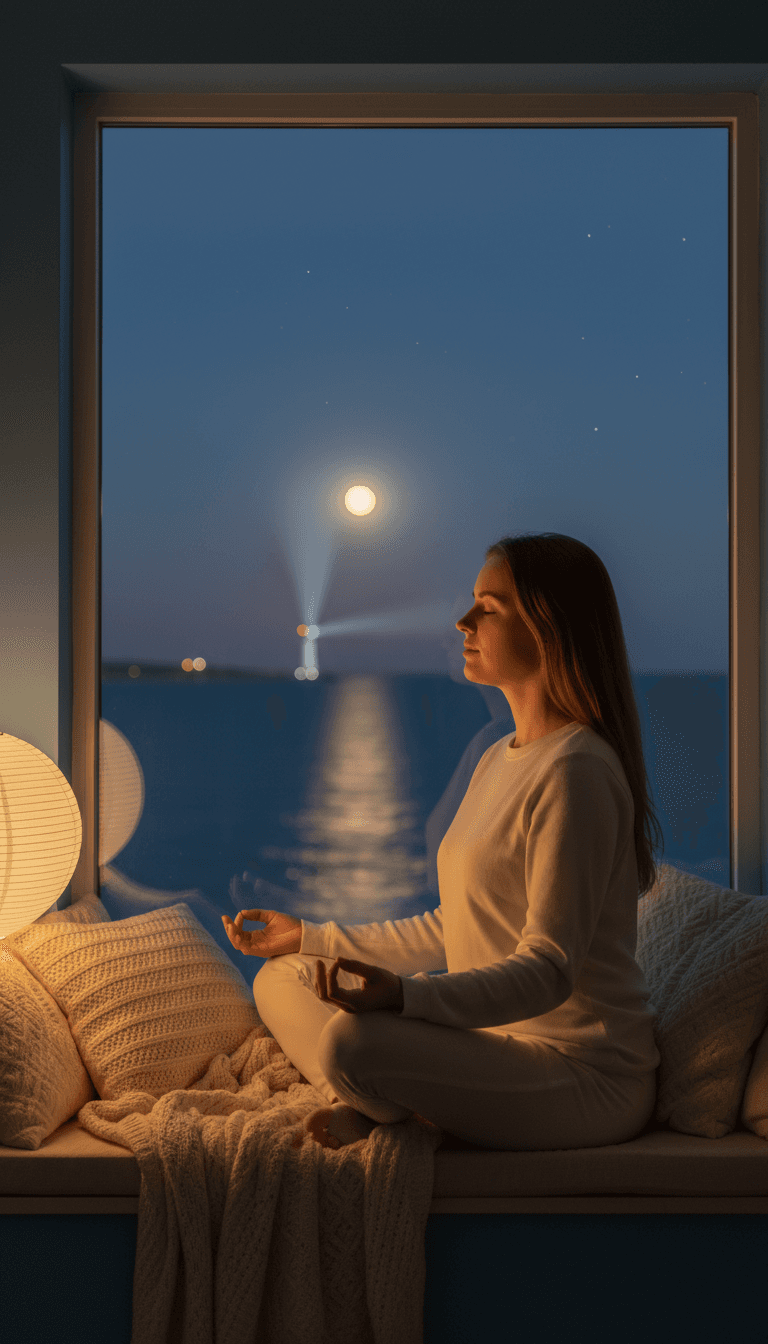 Person meditating peacefully by a moonlit ocean window at night