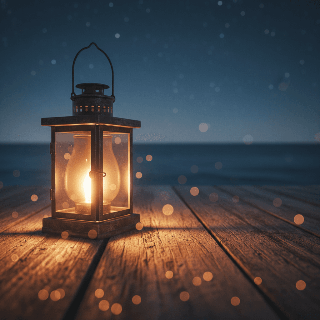 Lantern glowing softly by the sea at night
