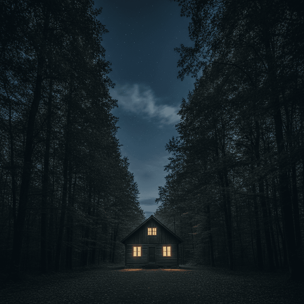 Quiet cabin in forest under starry night sky