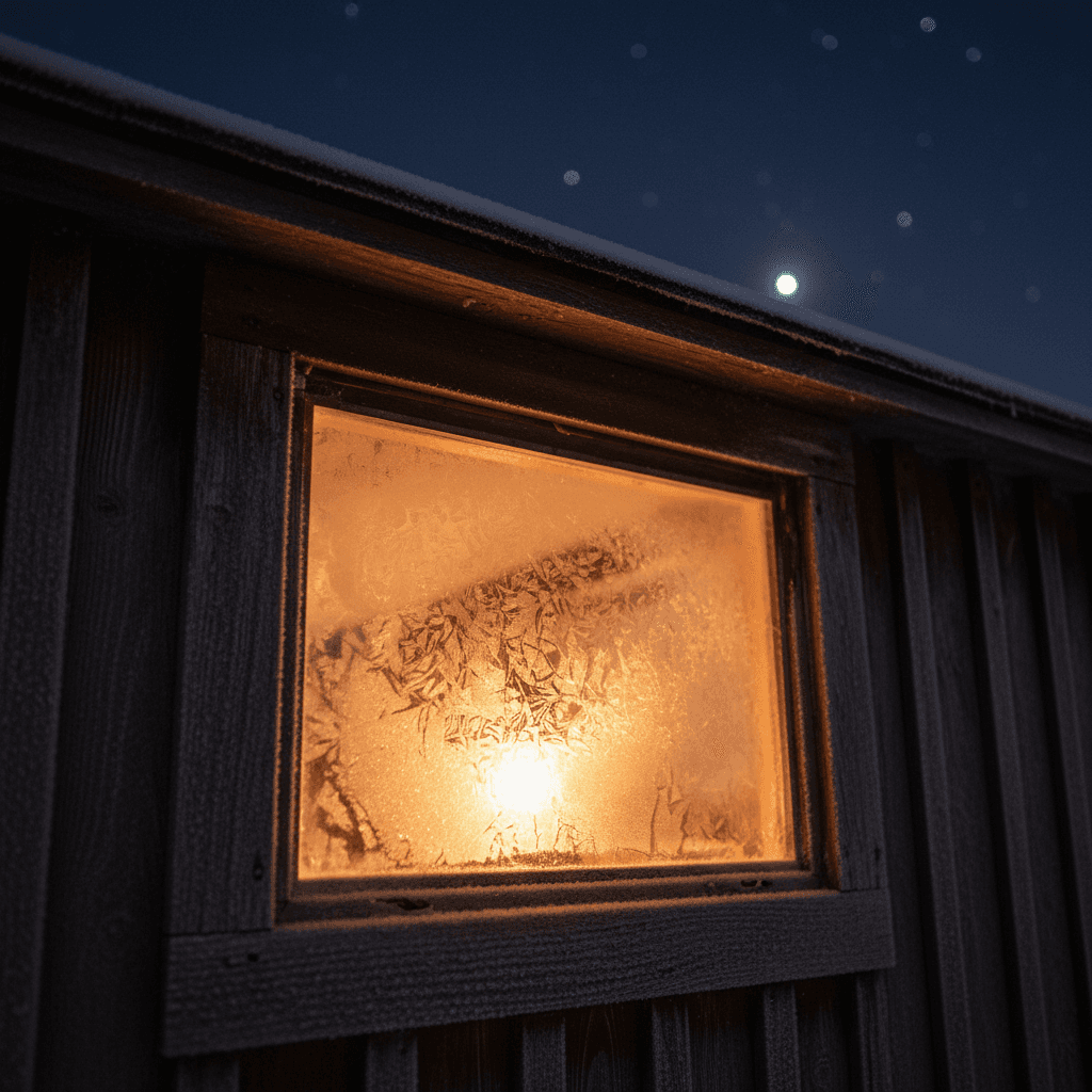 Warm cabin light in quiet night