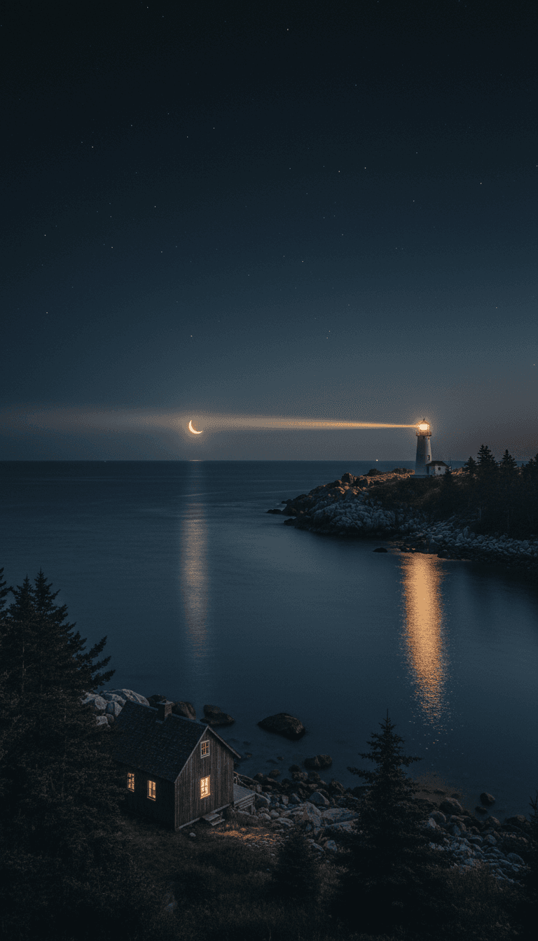 Serene coastal night landscape with glowing lighthouse, calm harbor waters, and warm-lit cabin beneath starry sky