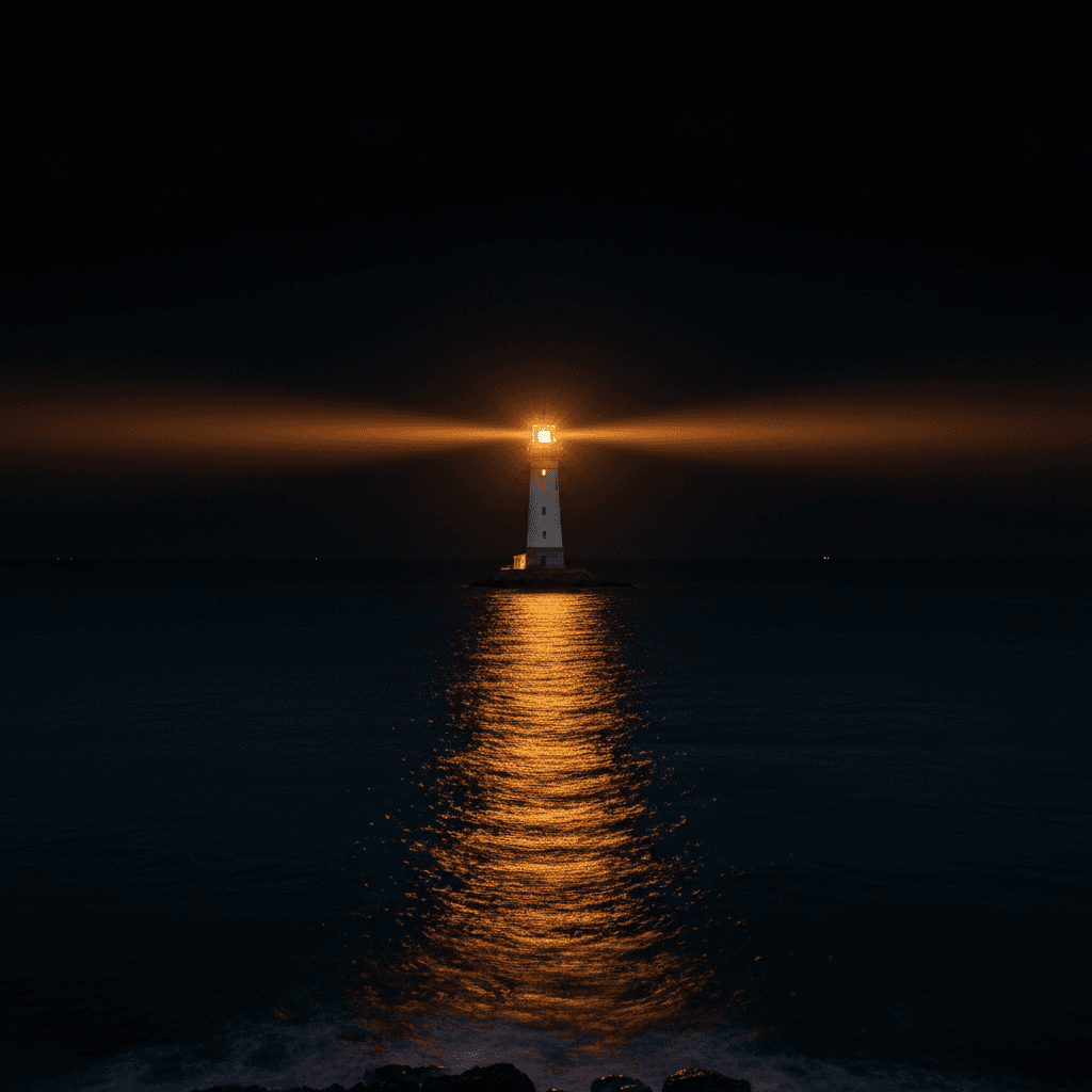 Lighthouse beam glowing over peaceful ocean at night