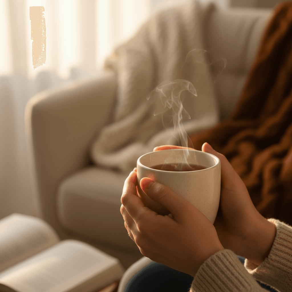 Hands holding warm tea in a cozy meditation space