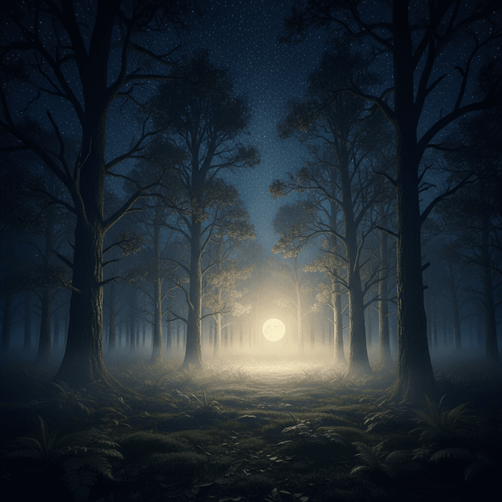Serene moonlit forest clearing at night