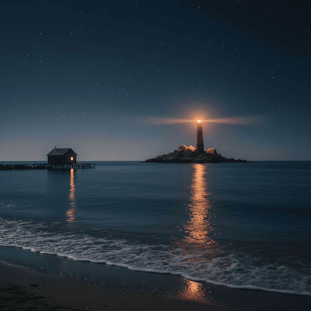 Serene nighttime lighthouse over calm ocean