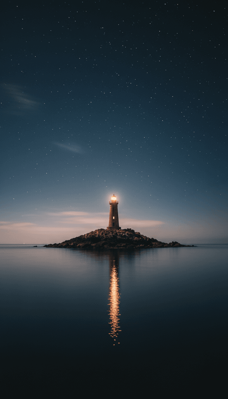 Peaceful lighthouse glowing at night overlooking calm ocean waters