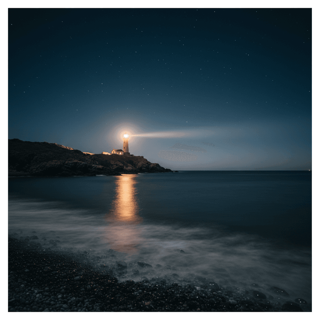 Peaceful lighthouse by night ocean
