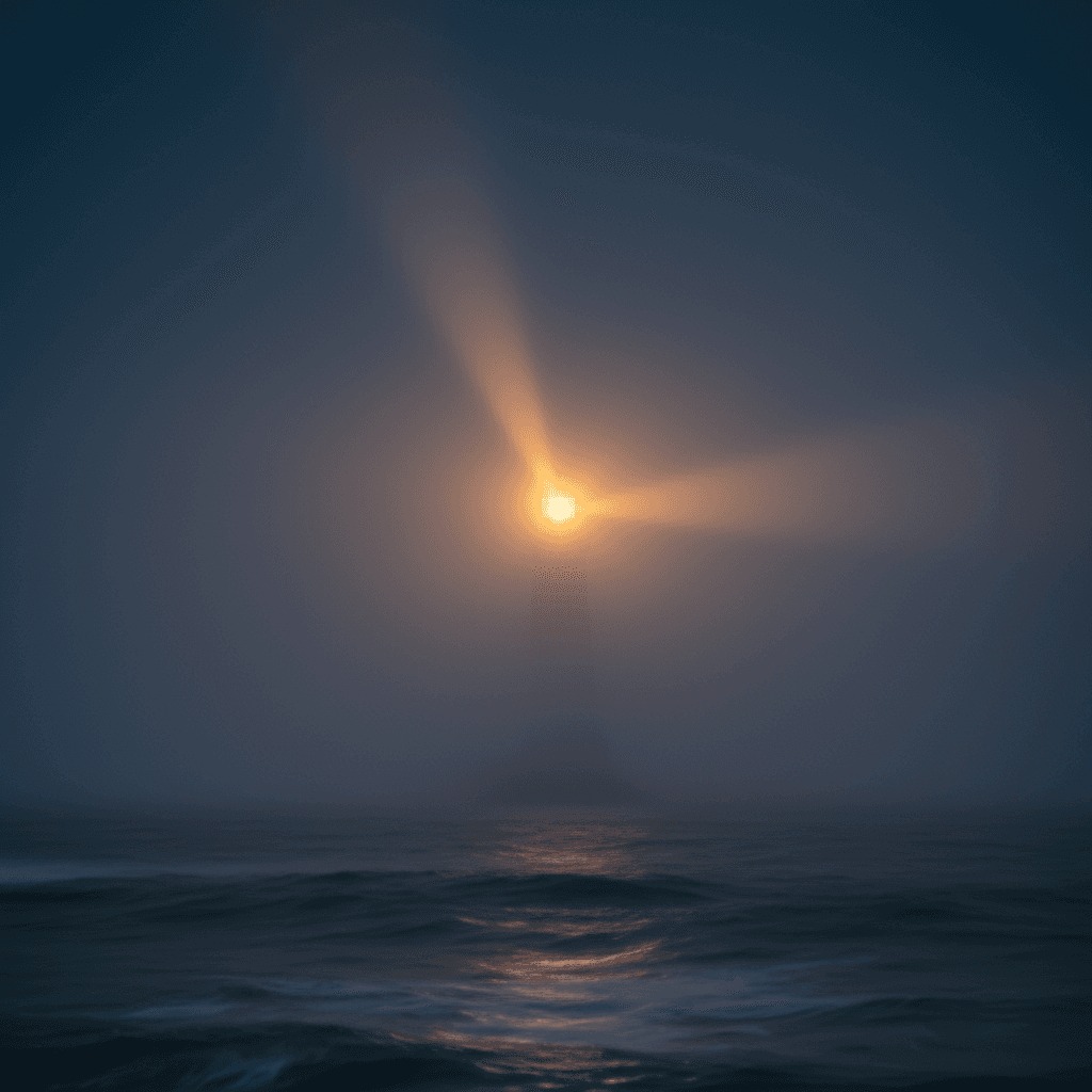 Lighthouse beam glowing through night ocean fog