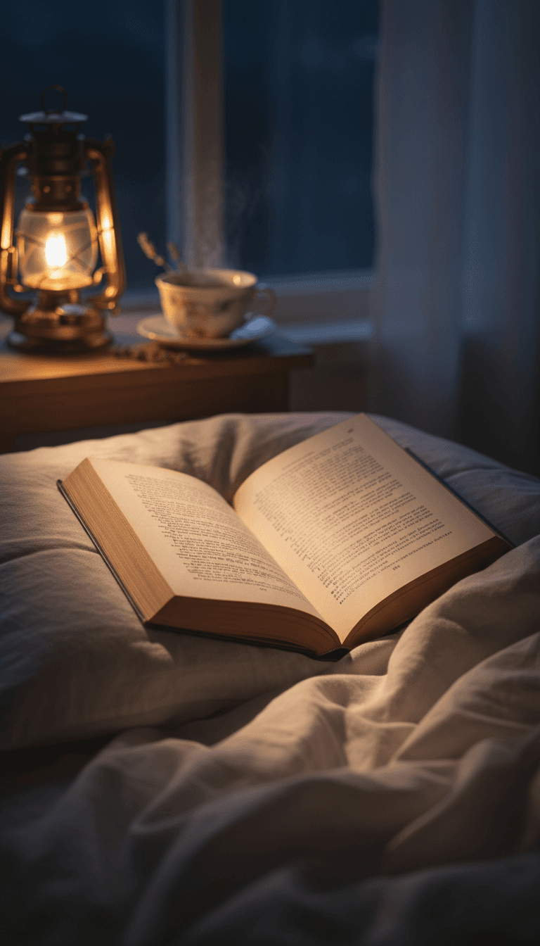 A softly lit book resting on a pillow with warm lantern glow, evoking peaceful nighttime reading
