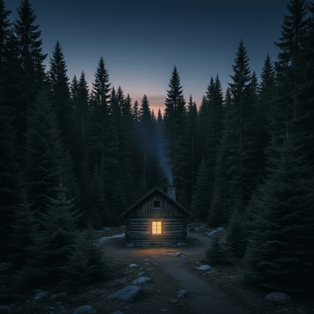 Cozy cabin in forest at twilight with warm window light