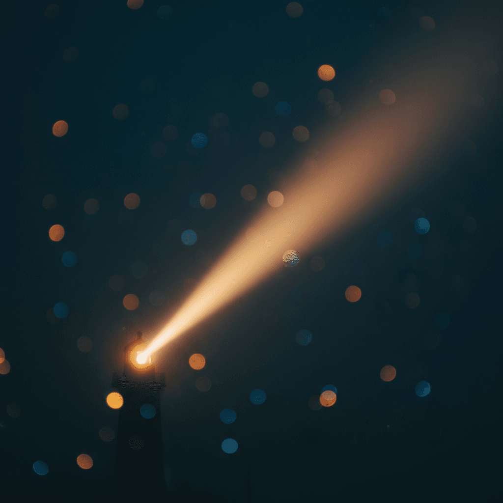 Lighthouse beacon glowing through night mist