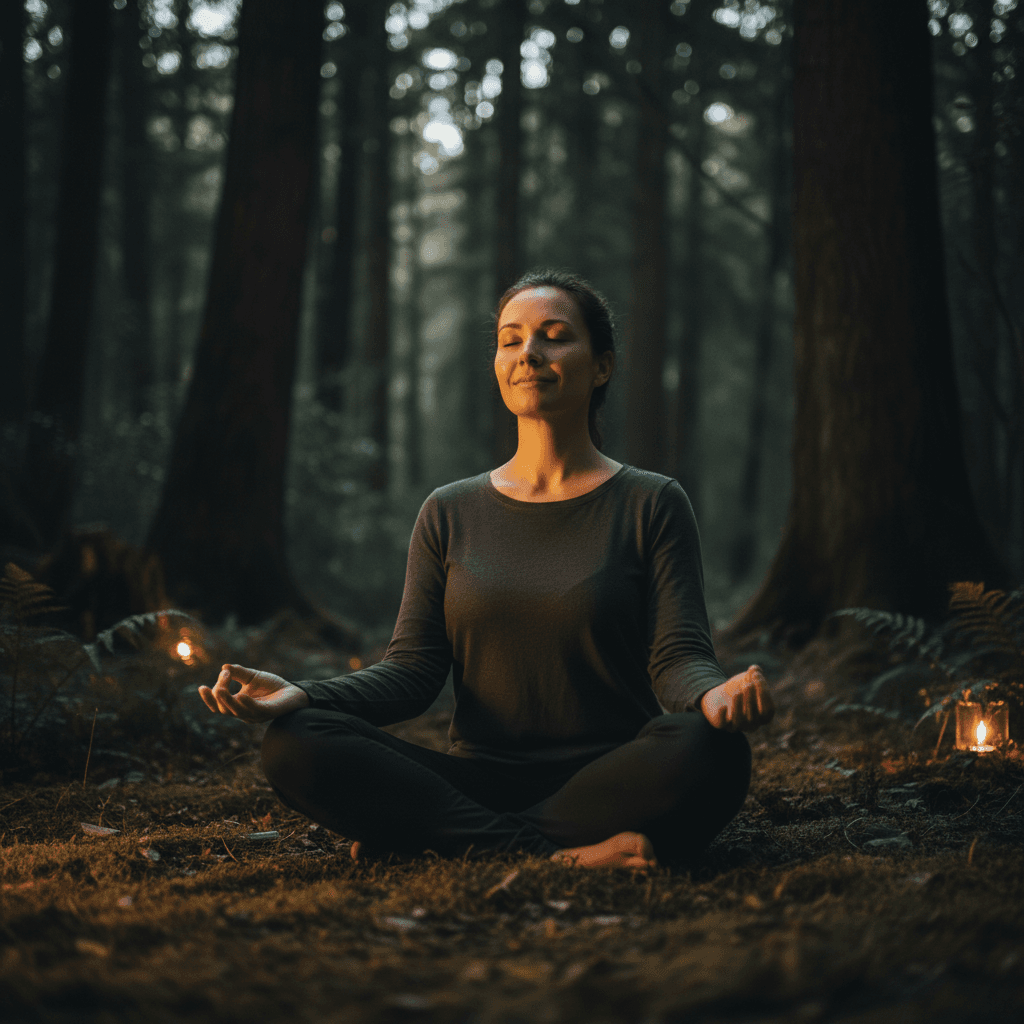 Person meditating peacefully in moonlit forest