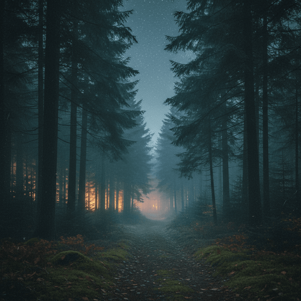 Starlit forest path at peaceful night