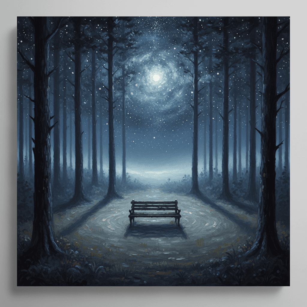 Forest clearing under starlight with peaceful bench