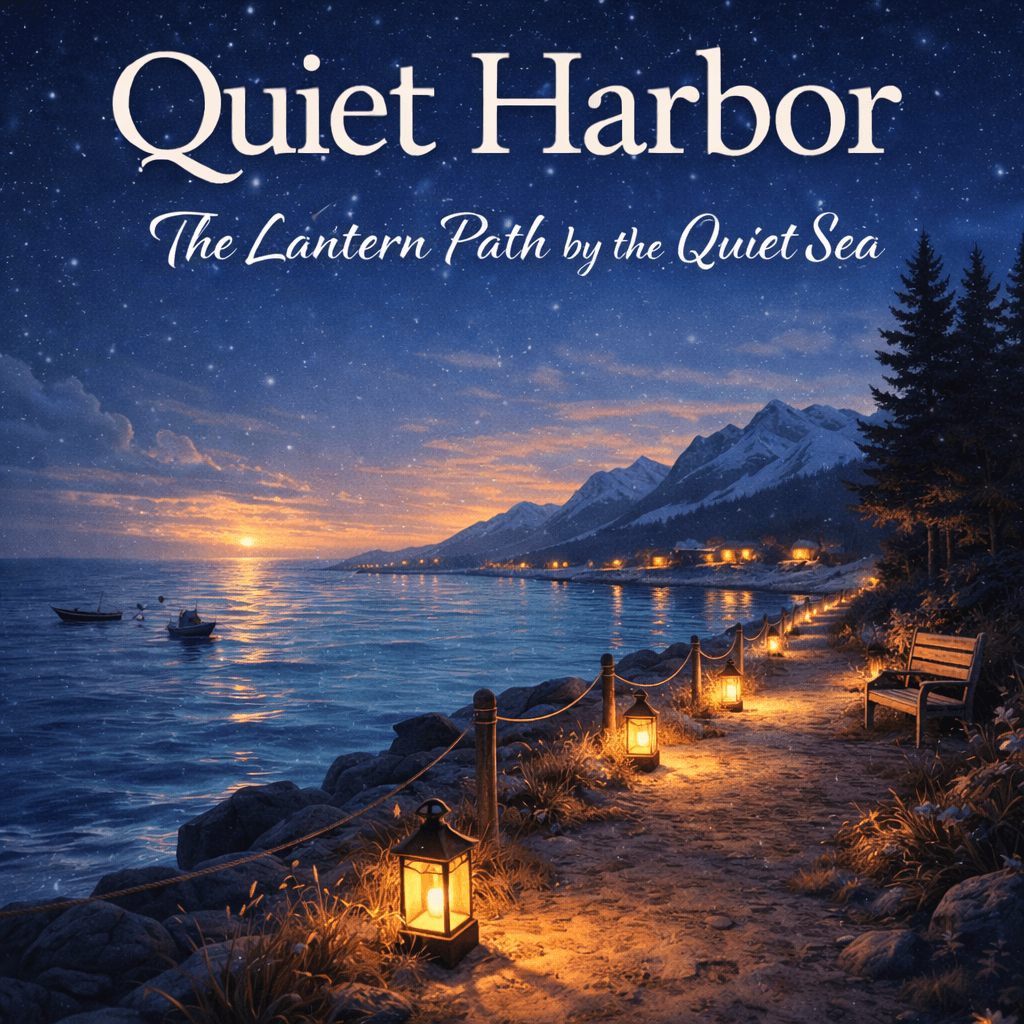 Lanterns illuminate a coastal path beside a calm harbor under a starry sky with mountains.