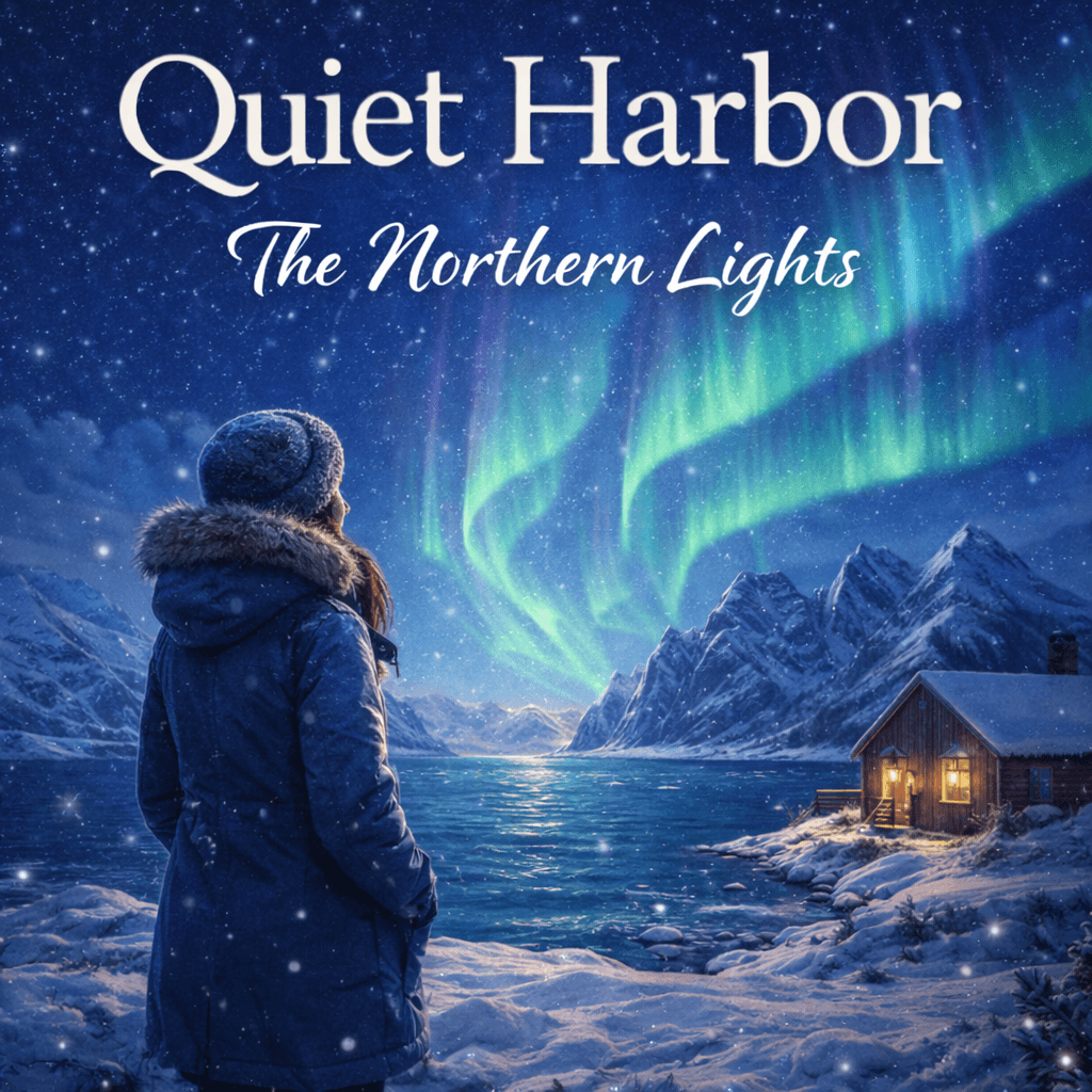 Person in winter gear watches vibrant Northern Lights over a snowy mountain harbor and cabin.