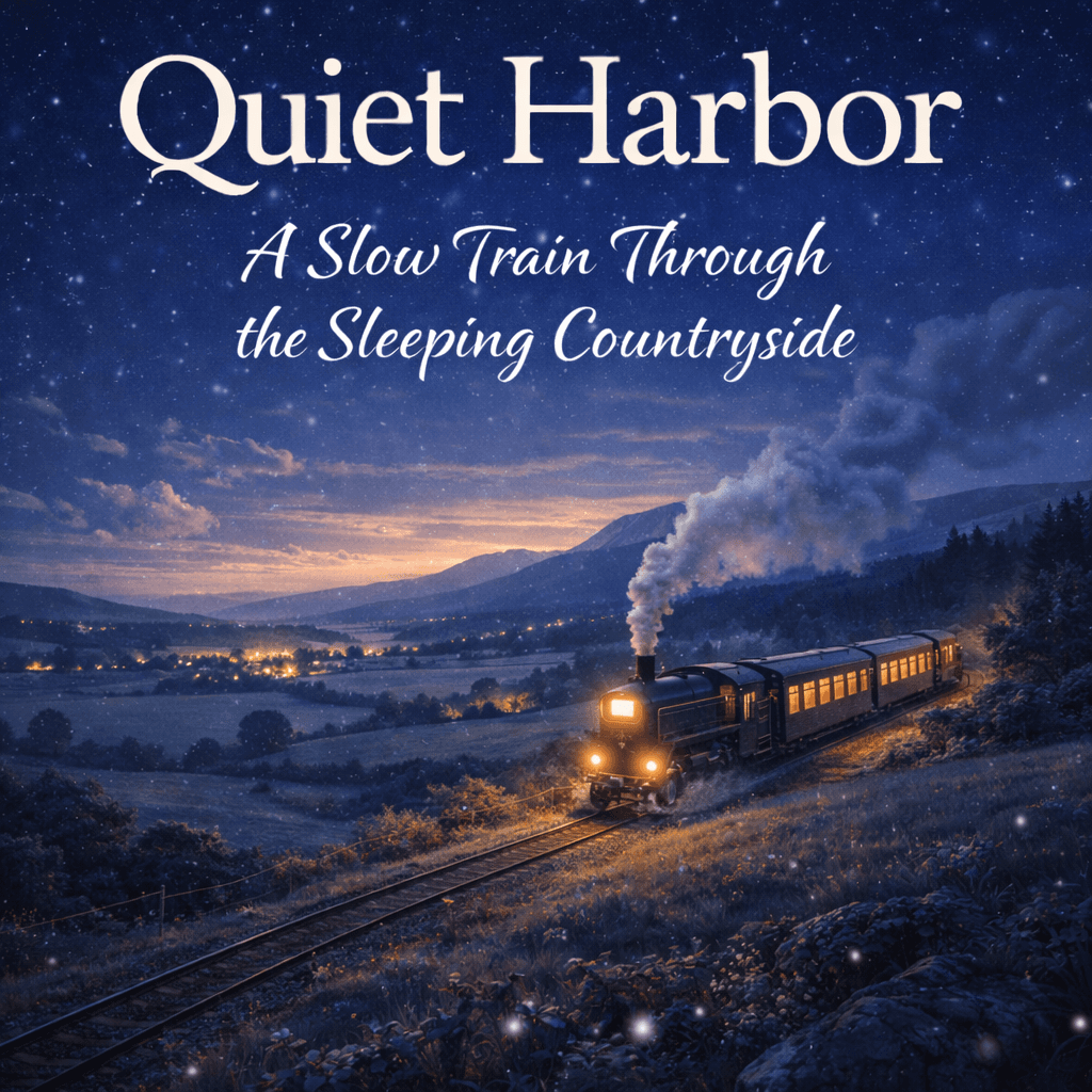Steam train puffing smoke through a starry night landscape titled Quiet Harbor: A Slow Train.